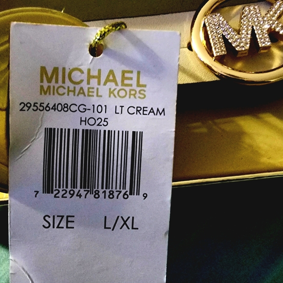 NWT MICHAEL KORS IVORY/CREAM 25MM PAVE LOGO BELT IN BOX L/XL - Picture 6 of 7